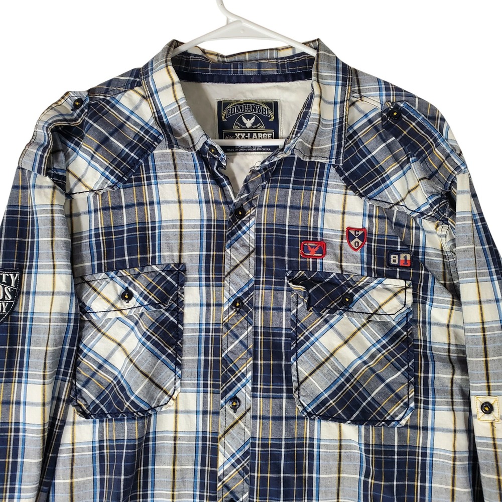 Company 81 Mens XXL Blue Plaid Button Up Shirt Long Sleeve Patch Utility Western